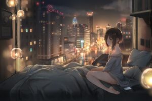 二次元壁纸_温暖卧室_夜晚床